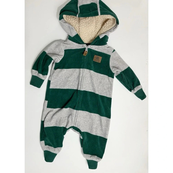 Carters • Dark Green Grey Striped Hooded Baby Fleece Footies - Picture 1 of 4